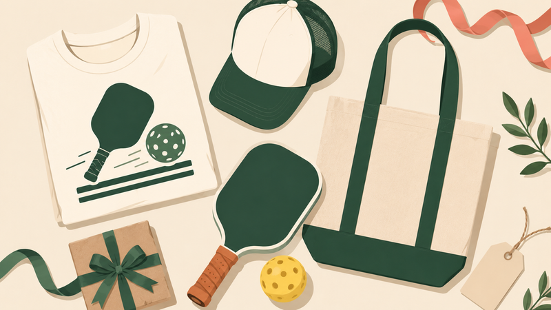 Flat lay of pickleball gift items including a t-shirt, cap, tote bag, and paddle wrapped for gift-giving