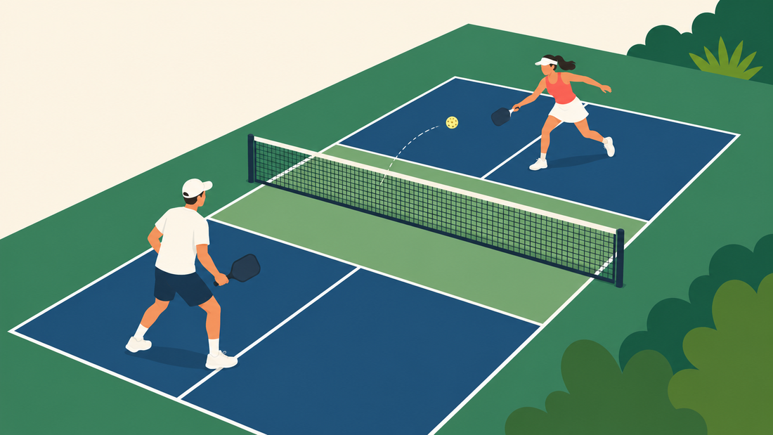 Two pickleball players rallying across the net on a court, illustrating beginner rules and gameplay