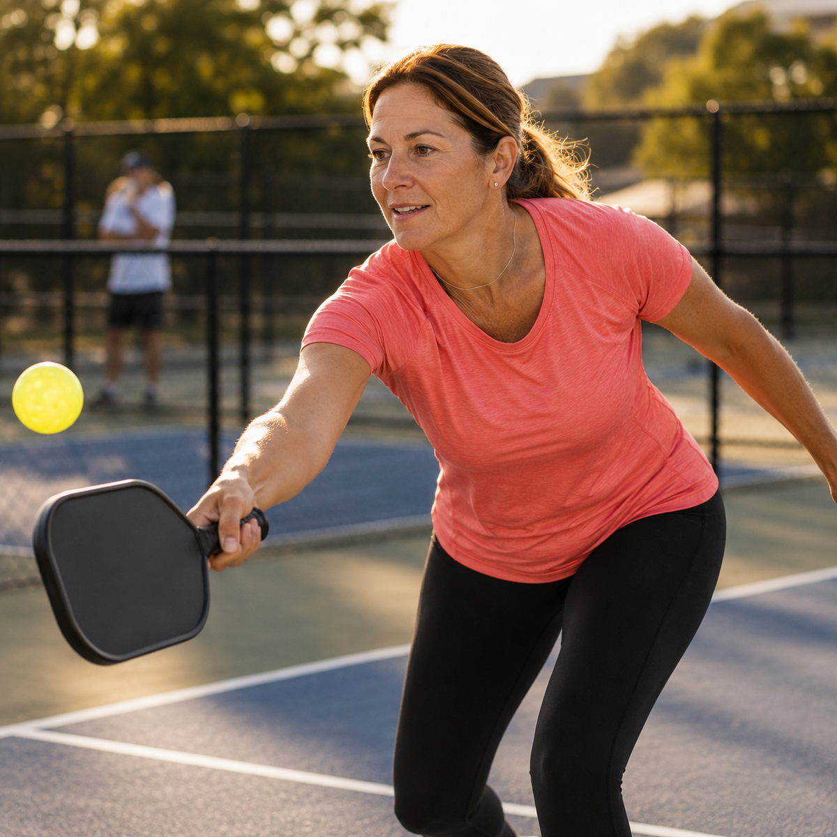 Pickleball mom in coral athletic shirt reaching for a shot on outdoor pickleball court