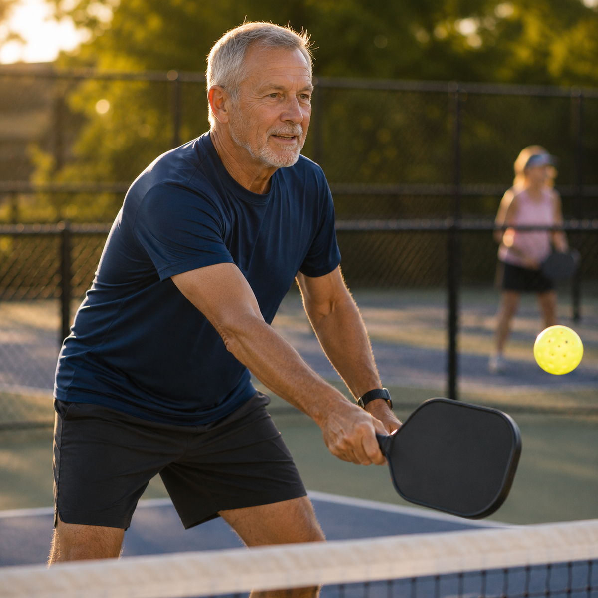 Pickleball grandpa in navy shirt dinking at the kitchen line on outdoor court in warm sunlight