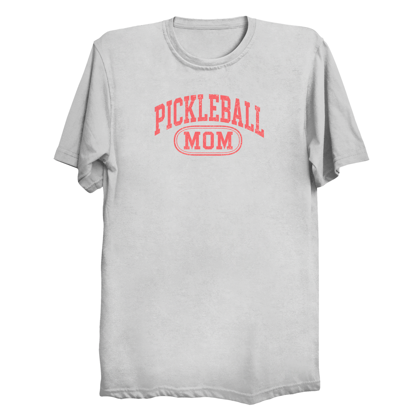 Pickleball Mom collegiate t-shirt front design in white with pink print