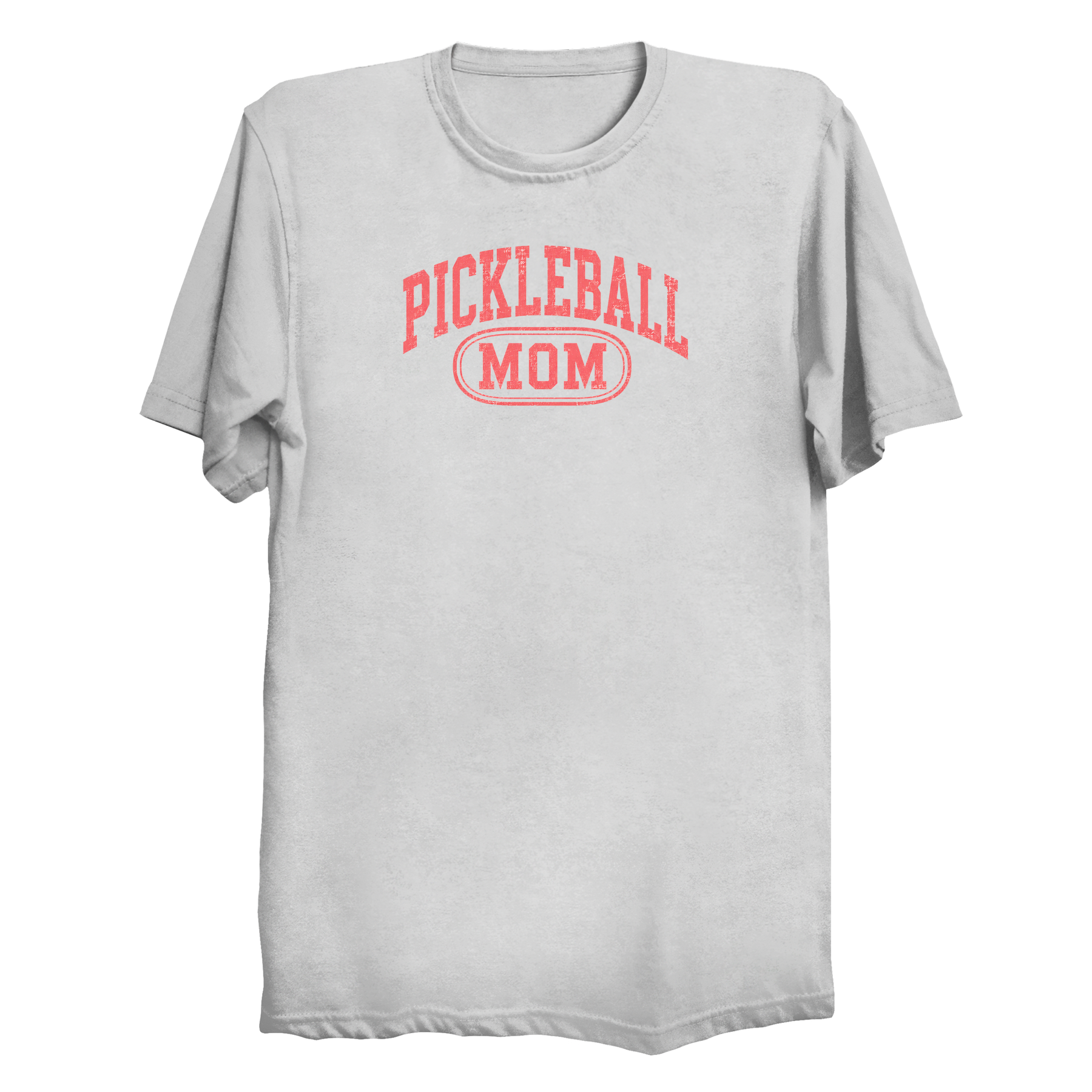 Pickleball Mom collegiate t-shirt front design in white with pink print