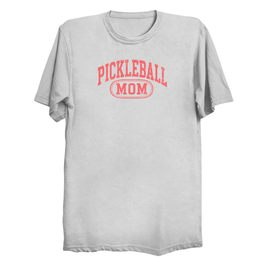 Pickleball Mom collegiate t-shirt front design in white with pink print