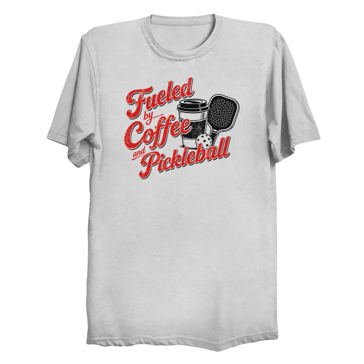 Fueled by Coffee and Pickleball t-shirt front design in white