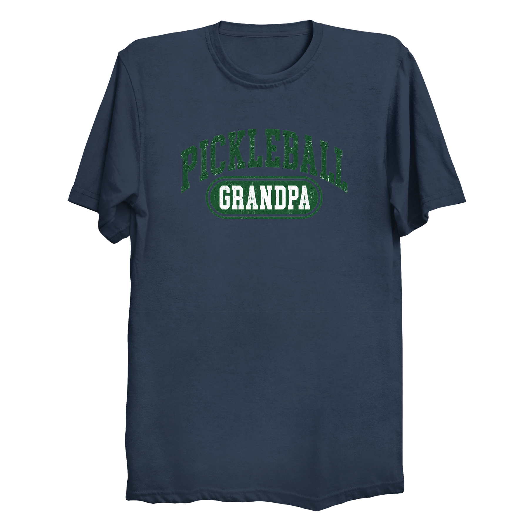 Pickleball Grandpa collegiate t-shirt front design in navy and white