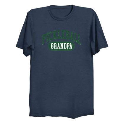 Pickleball Grandpa collegiate t-shirt front design in navy and white