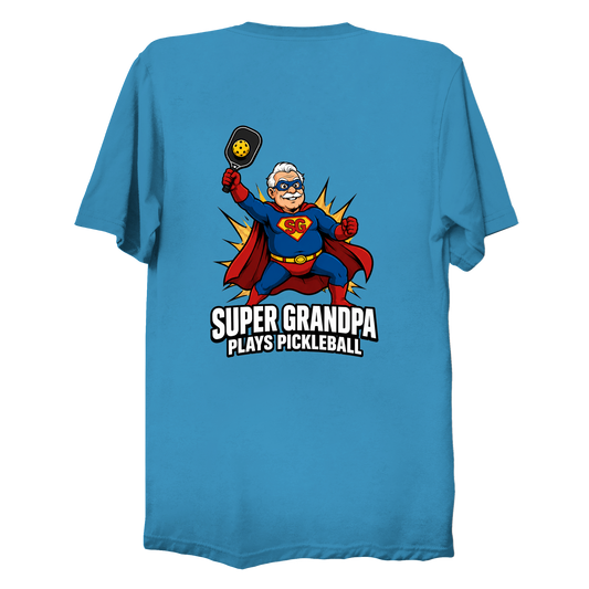 Super Grandpa Plays Pickleball t-shirt back superhero graphic design