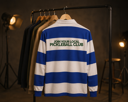 Pickleball rugby polo on clothing rack in warm moody studio
