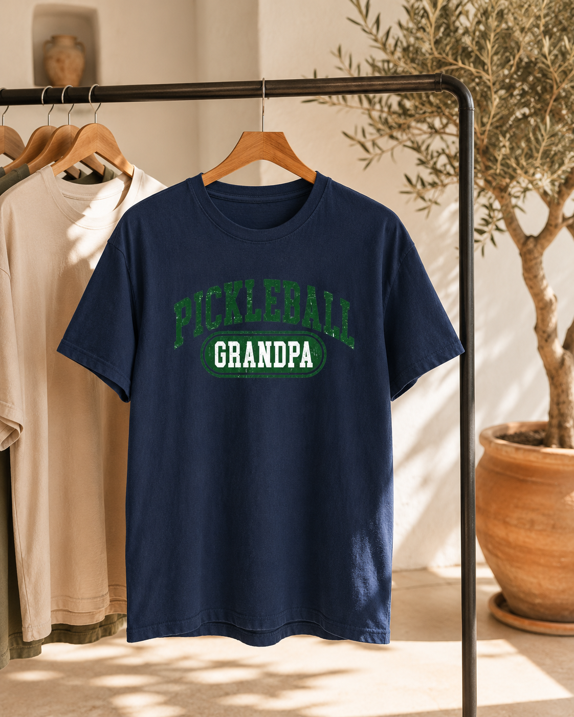 Close-up of grandpa wearing Pickleball Grandpa shirt playing pickleball on court