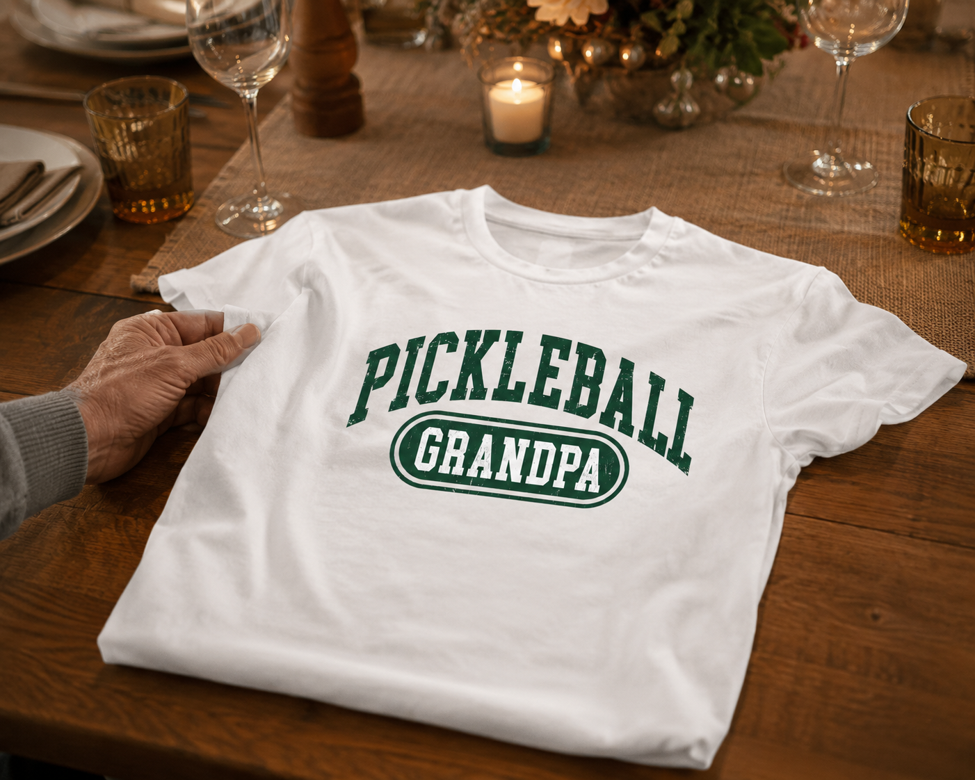 Pickleball Grandpa shirt laid on family dining table with hand reaching to grab it