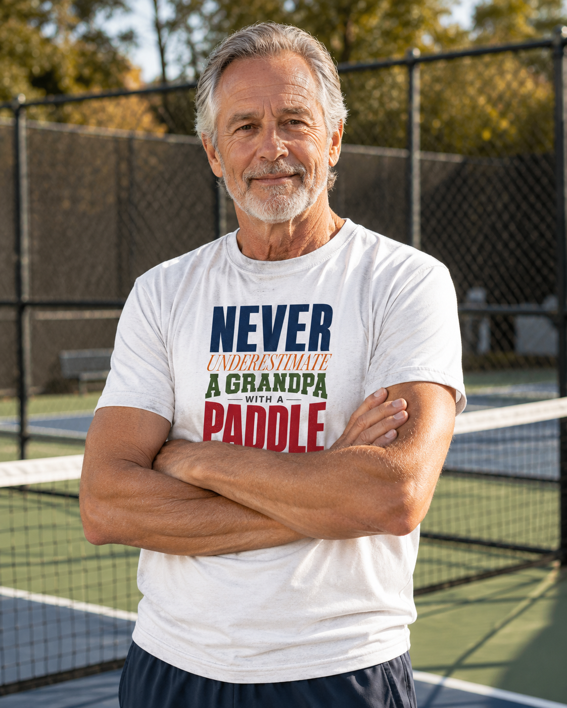Man wearing Never Underestimate a Grandpa shirt near pickleball court