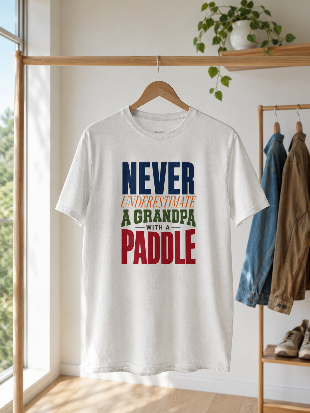 Never Underestimate a Grandpa pickleball shirt on clothing rack in bright natural light studio