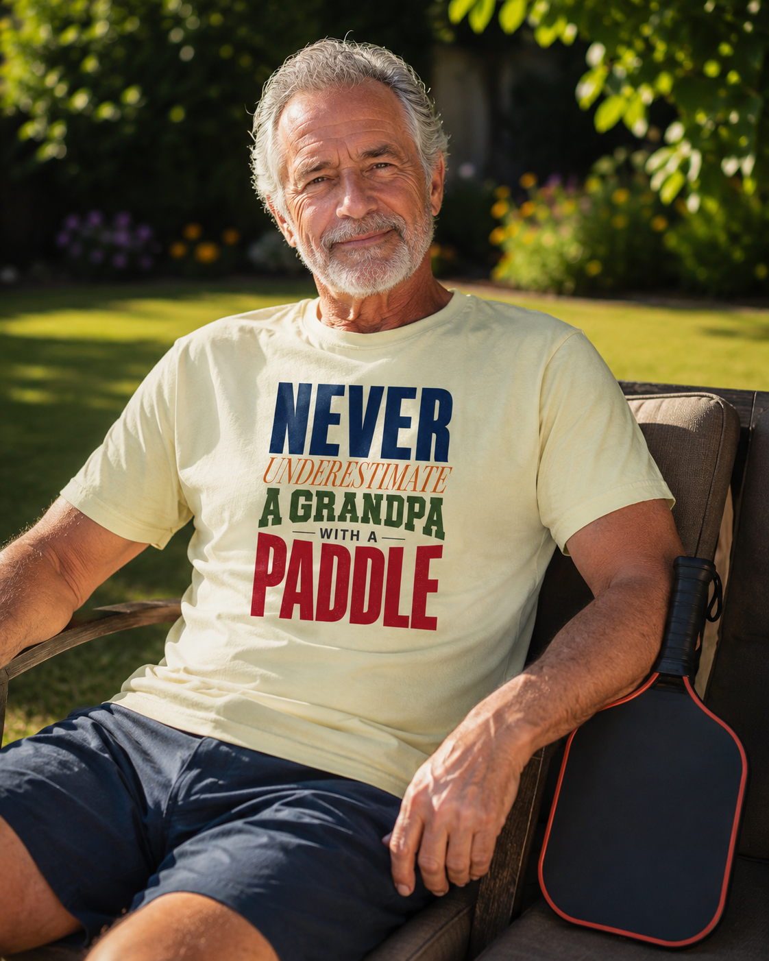 Grandpa wearing Never Underestimate pickleball shirt sitting in garden with paddle