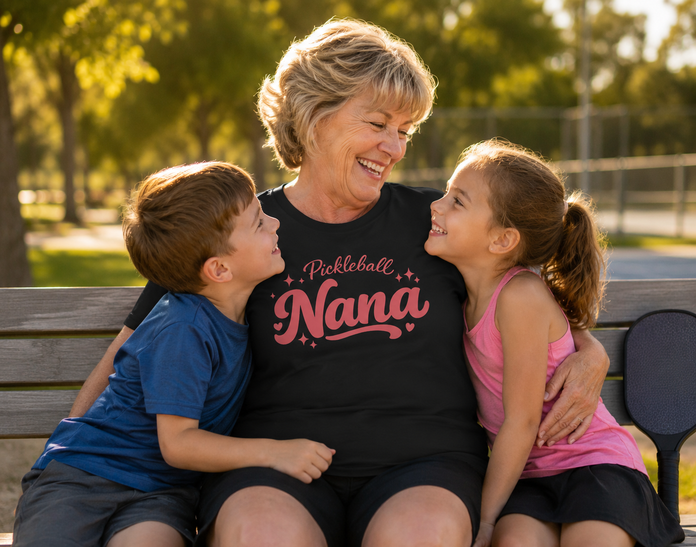 Nana wearing Pickleball Nana shirt hugging grandchildren on park bench