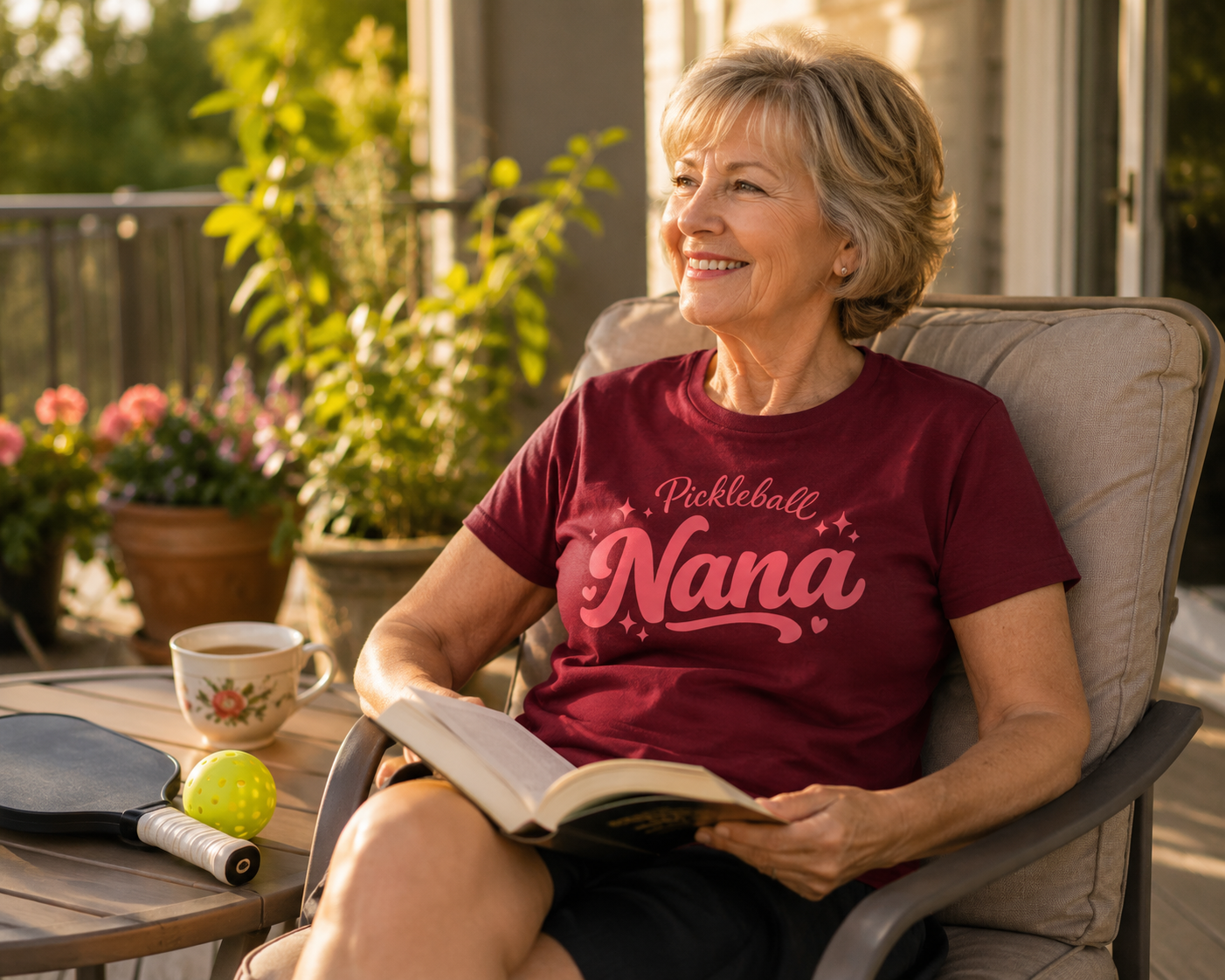 Woman wearing Pickleball Nana shirt reading on sunny terrace with paddle nearby