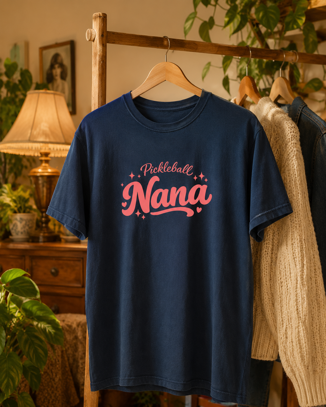Pickleball Nana shirt on rack in warm cosy vintage boutique studio