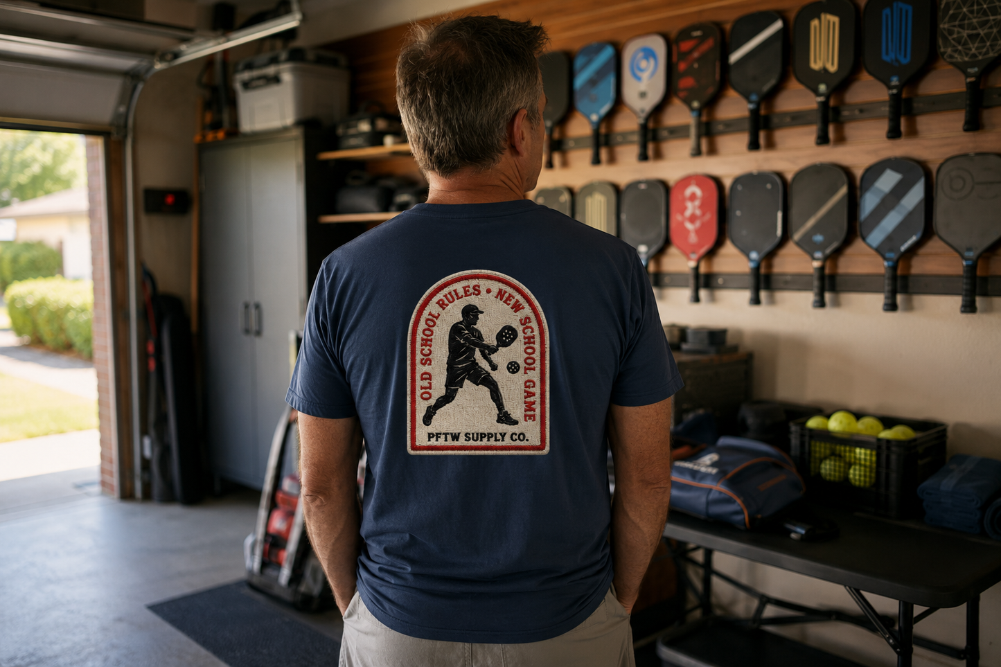 Man wearing a blue t-shirt with a pickleball design in a garage setting.