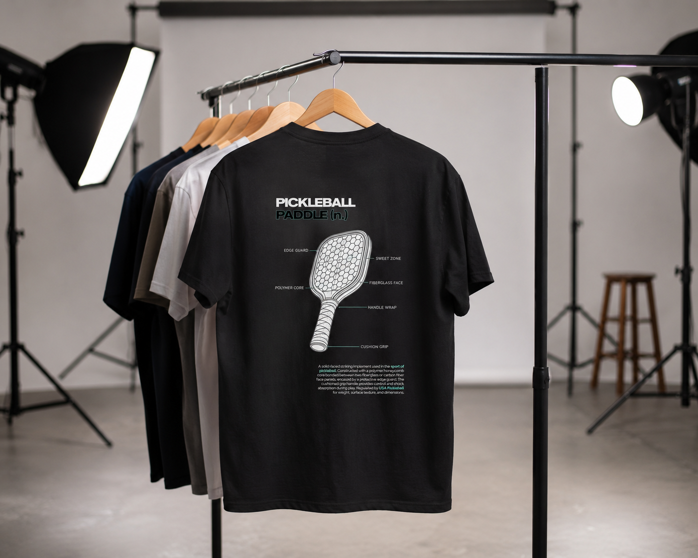 Pickleball paddle blueprint shirt on clothing rack in studio