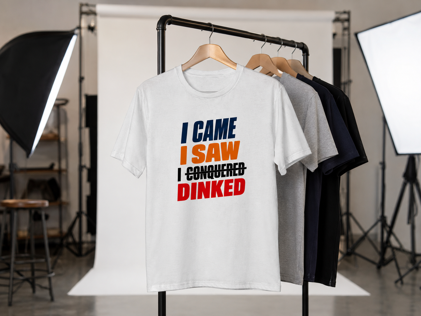 Close-up of I Came I Saw I Dinked pickleball design on white t-shirt