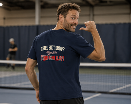 Third Shot Flop pickleball shirt on clothing rack in studio