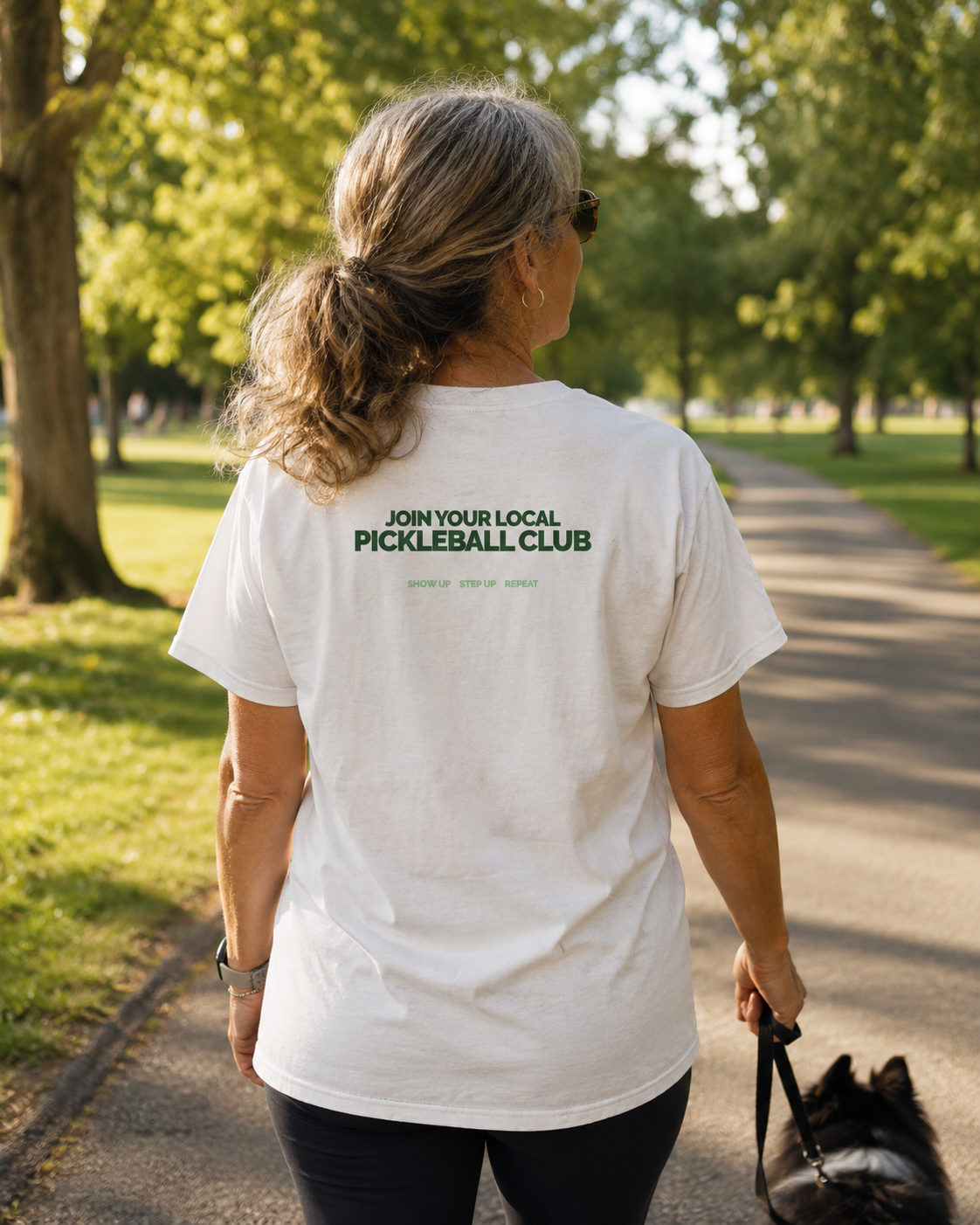 Woman wearing pickleball gift shirt walking dog in park