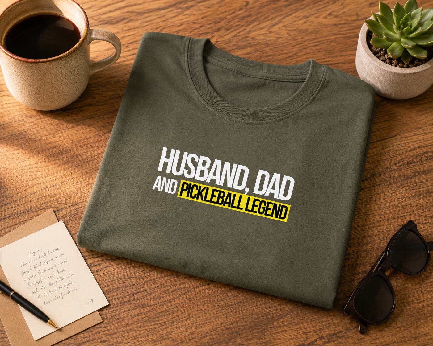 Husband Dad Pickleball Legend shirt folded on breakfast table as a gift