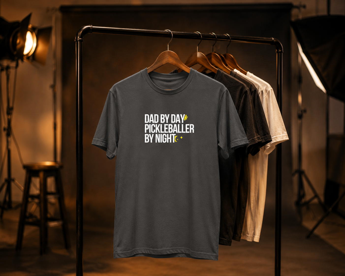 Dad by Day Pickleballer by Night shirt on clothing rack in moody studio
