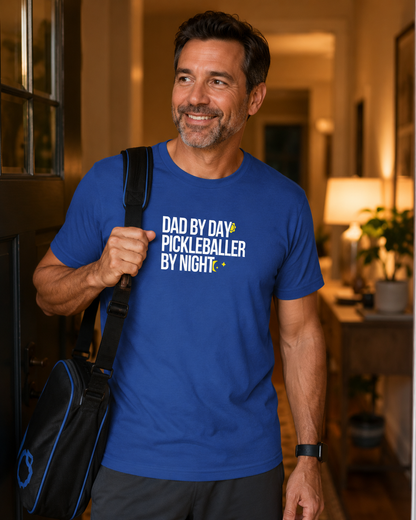 Man wearing Dad by Day Pickleballer by Night shirt arriving home with pickleball bag
