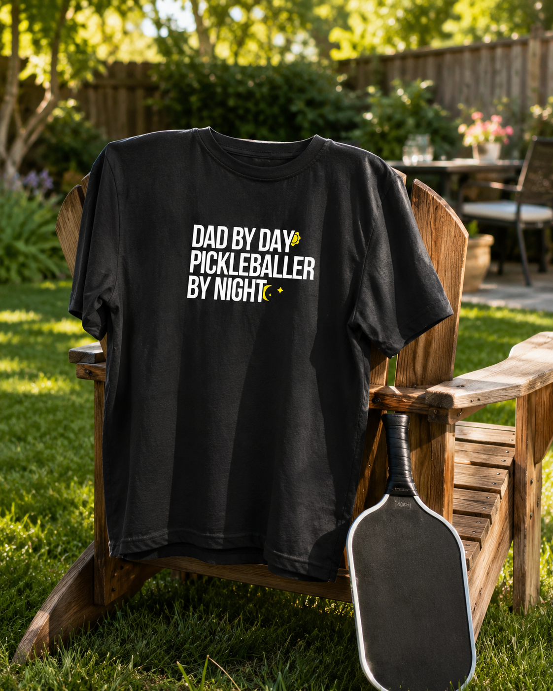 Dad by Day Pickleballer by Night shirt draped over garden chair with paddle