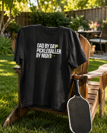 Dad by Day Pickleballer by Night shirt draped over garden chair with paddle
