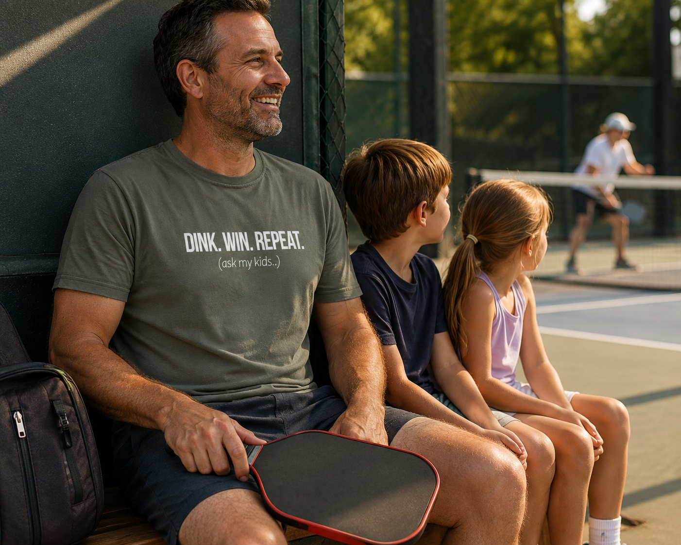 Dad wearing Dink Win Repeat Ask My Kids pickleball shirt with kids on court bench