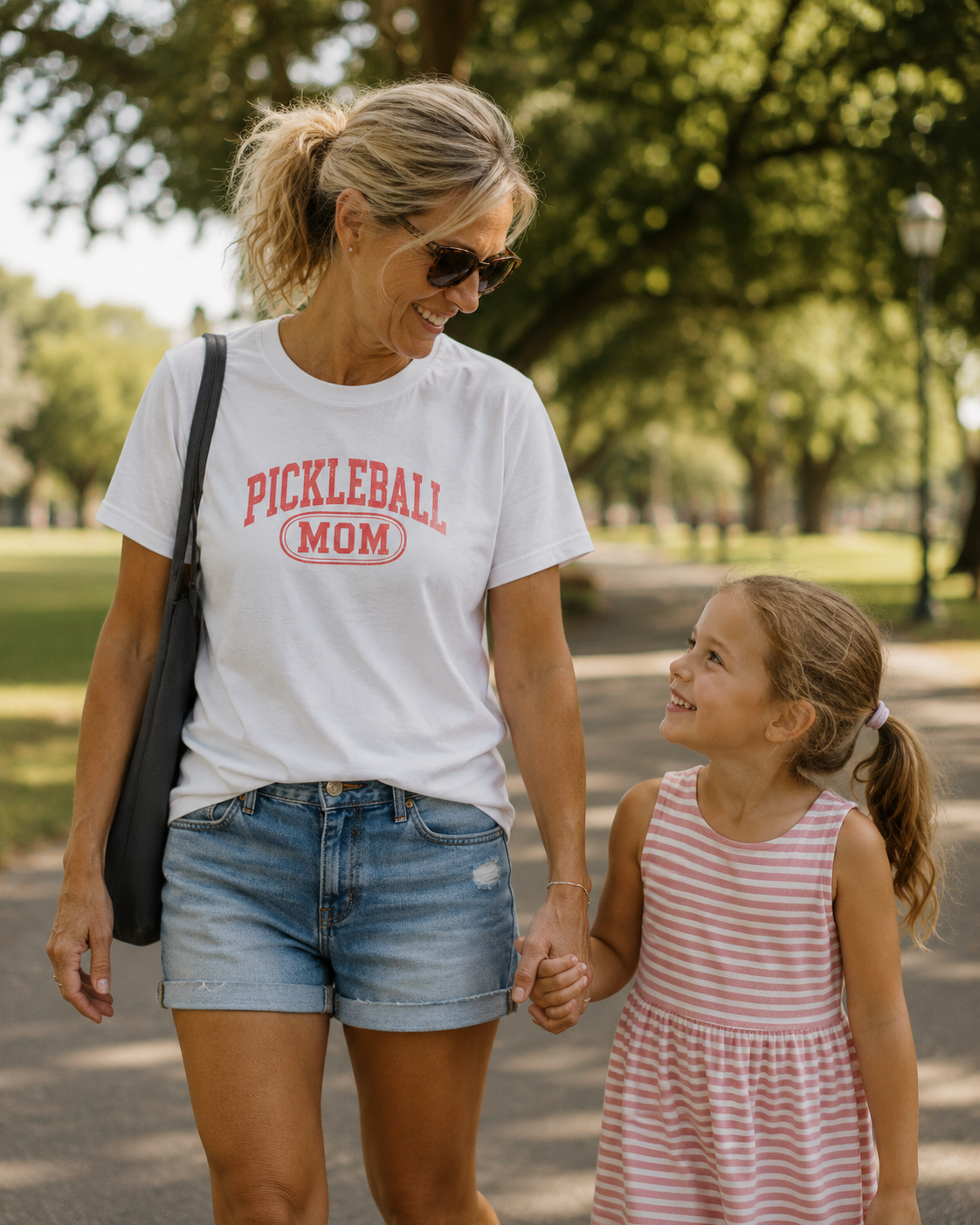 Woman wearing Pickleball Mom shirt holding child's hand in sunny park