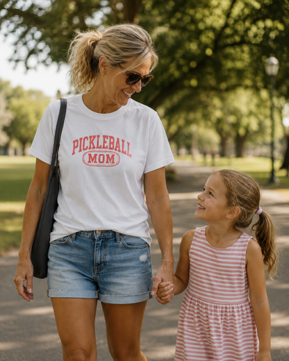 Woman wearing Pickleball Mom shirt holding child's hand in sunny park