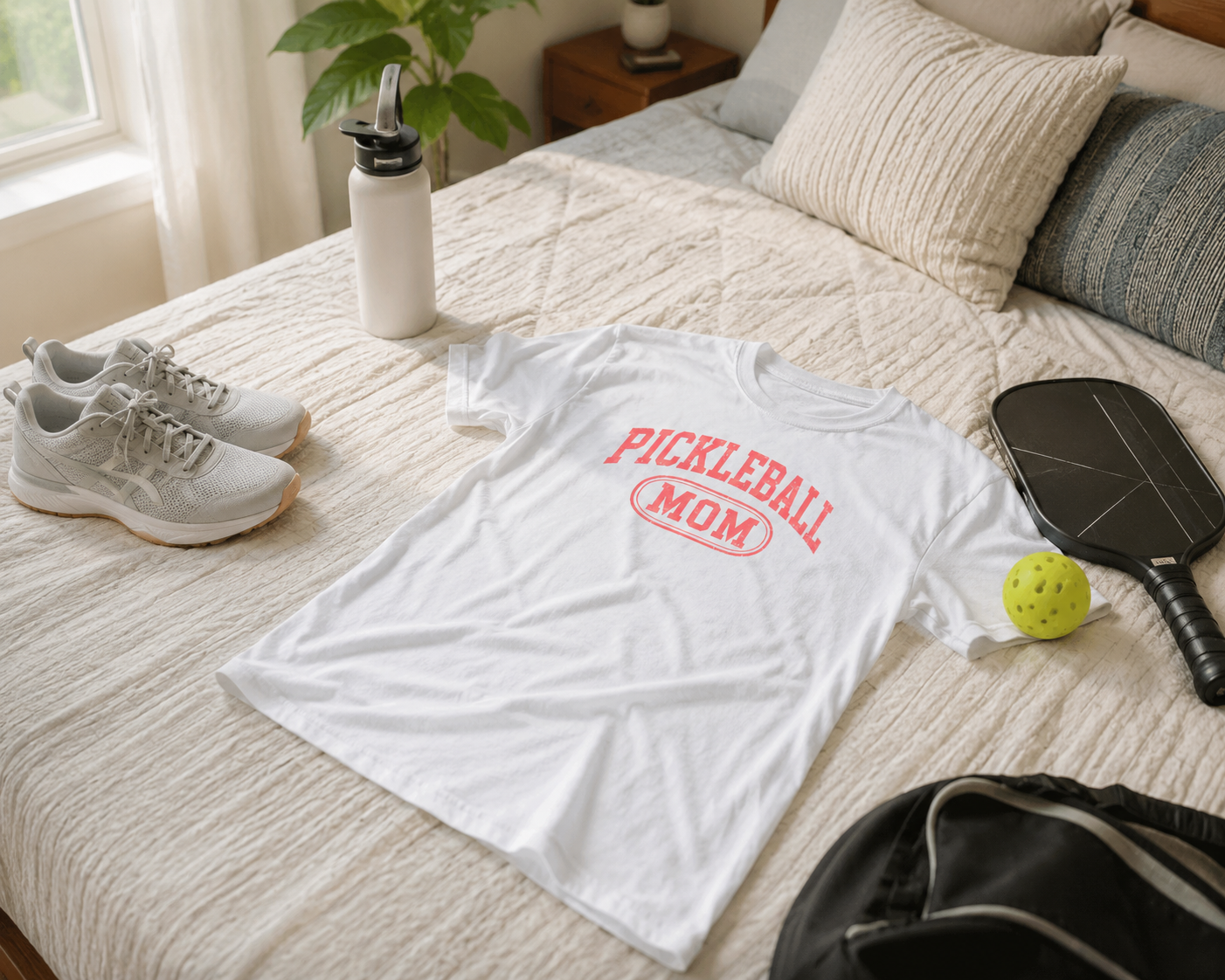 Pickleball Mom shirt laid on bed with sport items getting ready for pickleball