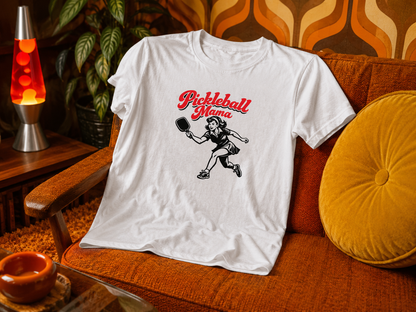 Pickleball Mama shirt draped over vintage 70s armchair in colorful retro living room