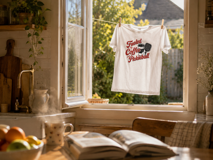 Fueled by Coffee and Pickleball shirt on clothing rack in bright natural light studio