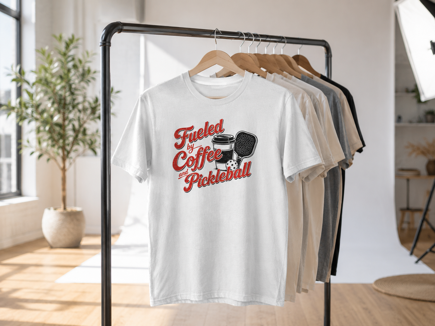 Fueled by Coffee and Pickleball shirt on clothing rack in moody studio