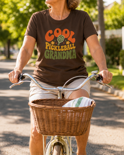 Woman wearing Cool Pickleball Grandma shirt riding a bicycle in neighborhood