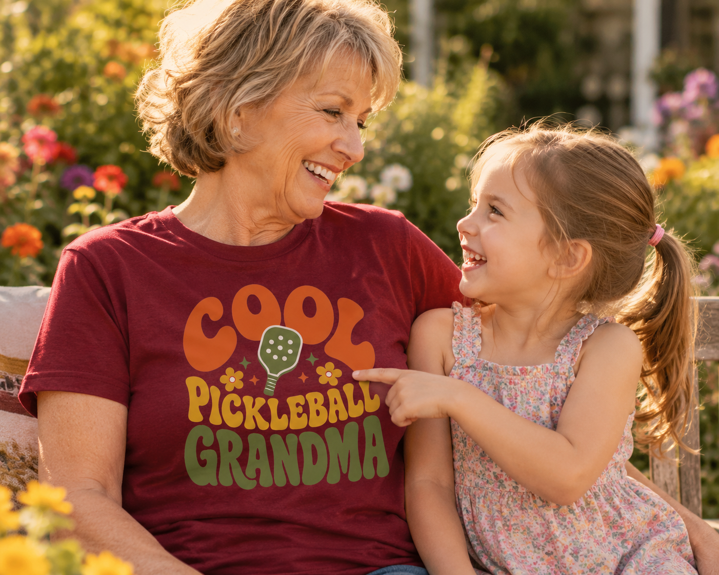 Grandma and granddaughter in flower garden granddaughter pointing at Cool Pickleball Grandma shirt