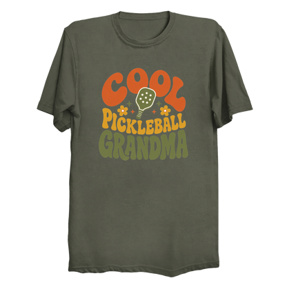 Cool Pickleball Grandma retro 70s groovy t-shirt front design in black