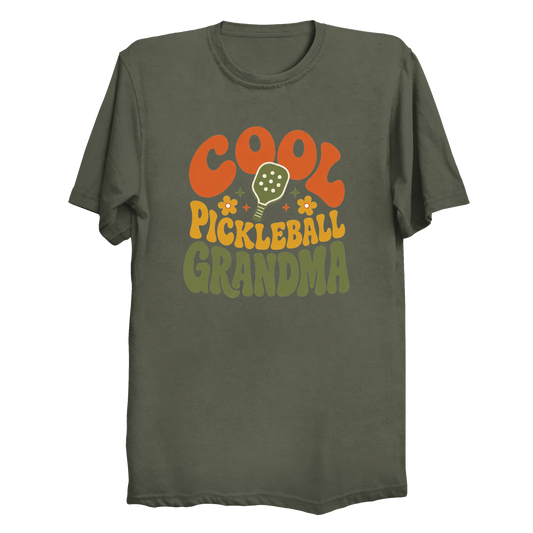 Cool Pickleball Grandma retro 70s groovy t-shirt front design in black