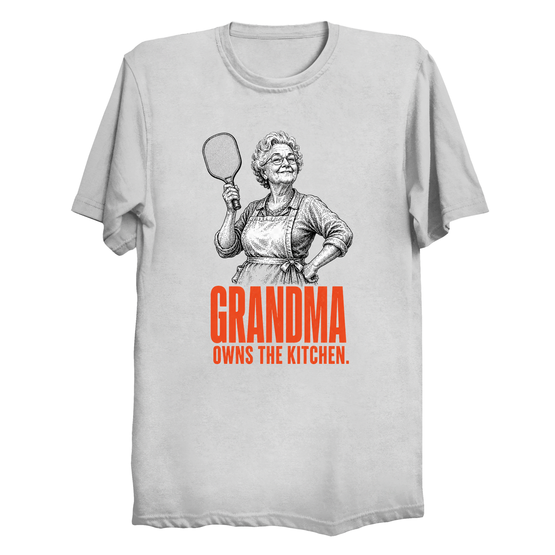 Grandma Owns the Kitchen pickleball t-shirt front vintage illustration design in white