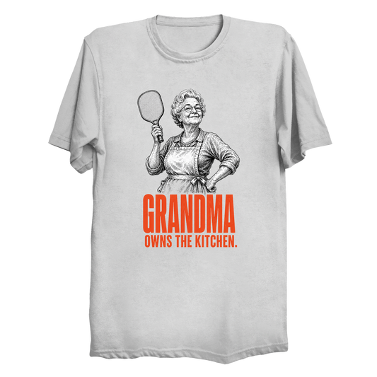 Grandma Owns the Kitchen pickleball t-shirt front vintage illustration design in white