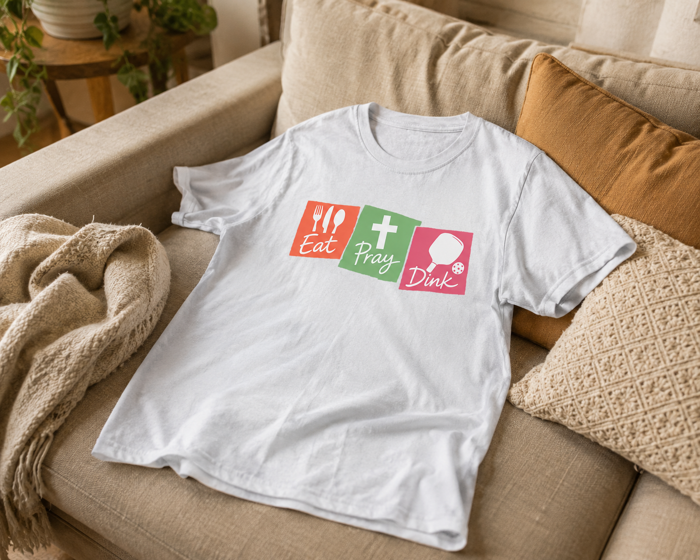 Eat Pray Dink pickleball shirt navy laid flat in cozy living room