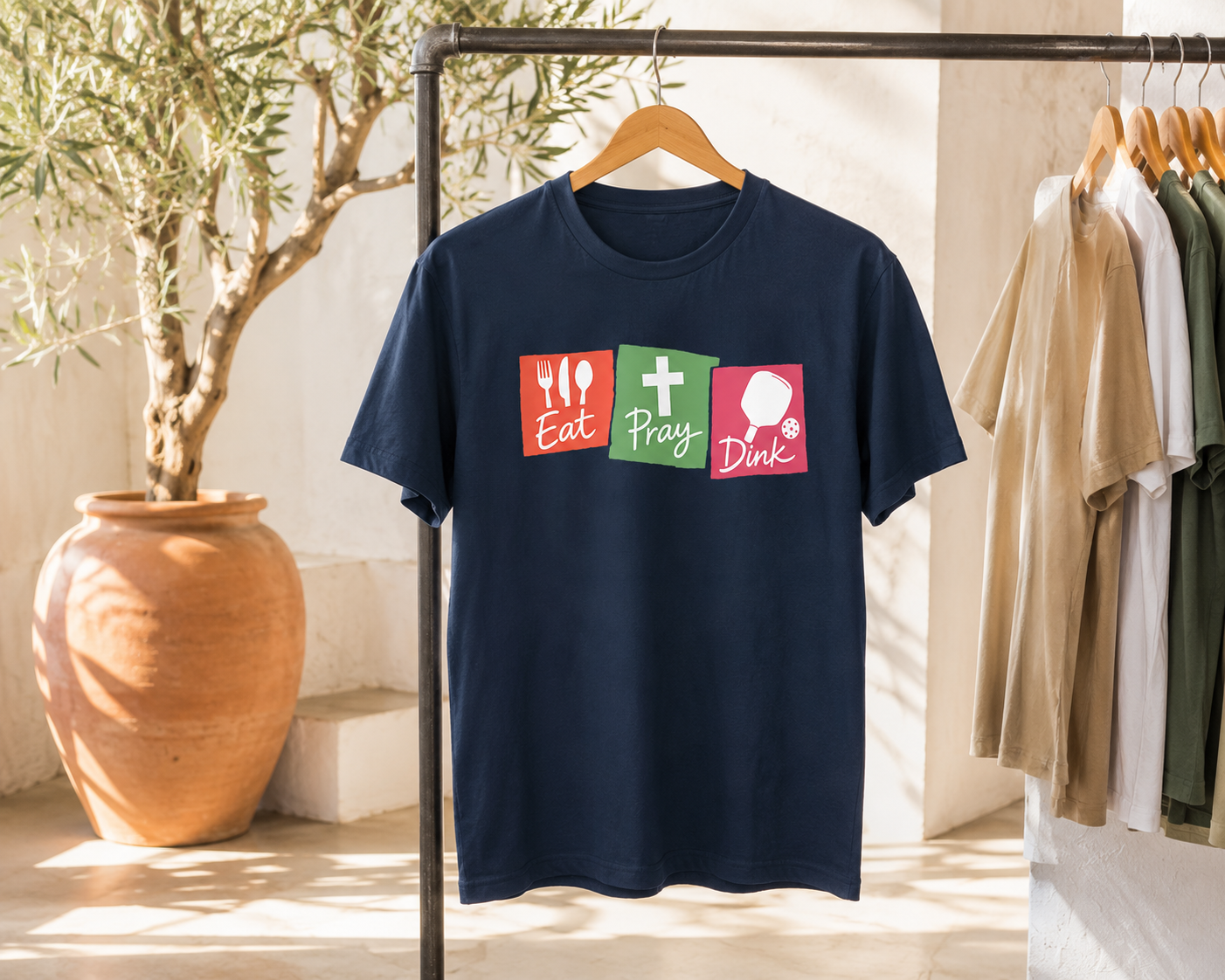 Eat Pray Dink pickleball shirt navy in bright Mediterranean studio with olive tree
