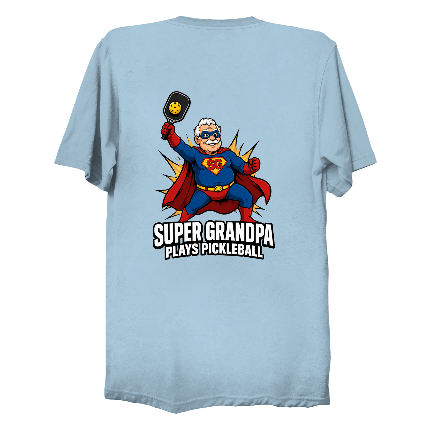 Super Grandpa Plays Pickleball t-shirt back design in Light Blue