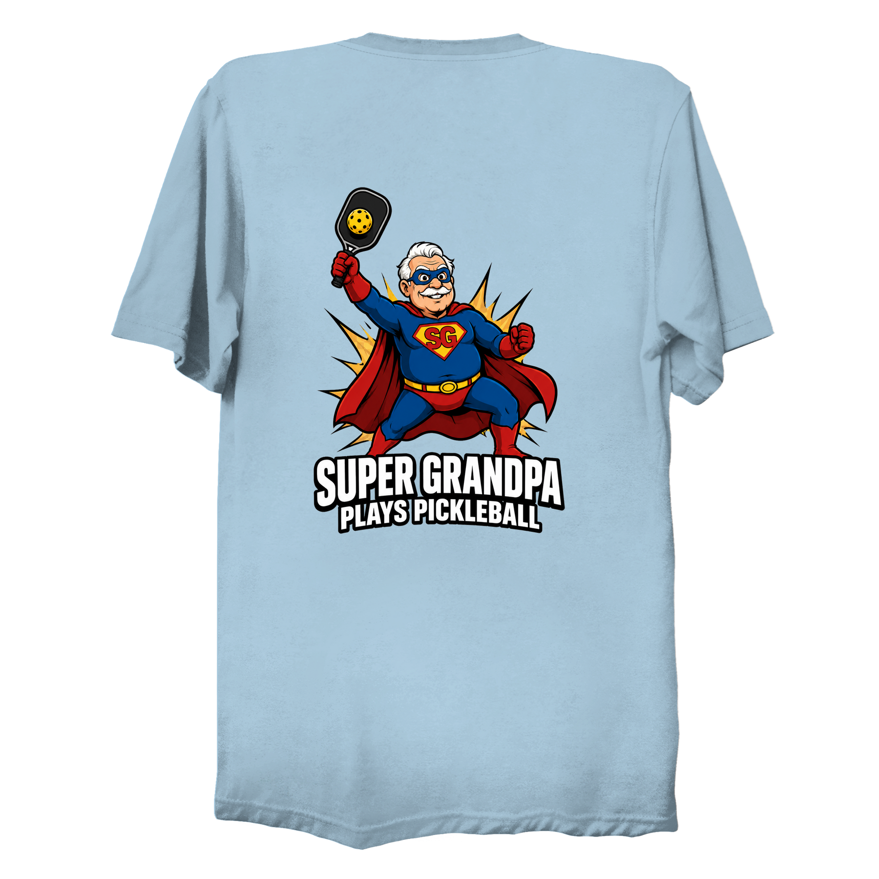 Super Grandpa Plays Pickleball t-shirt back design in Light Blue