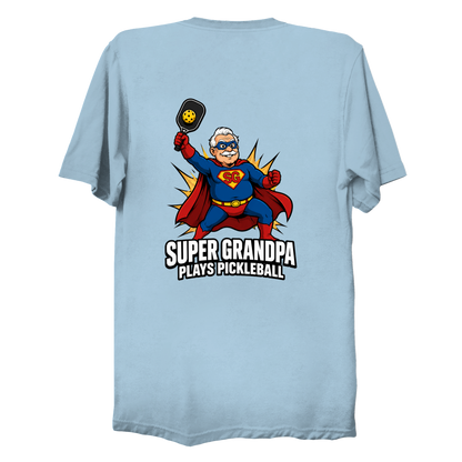 Super Grandpa Plays Pickleball t-shirt back design in Light Blue