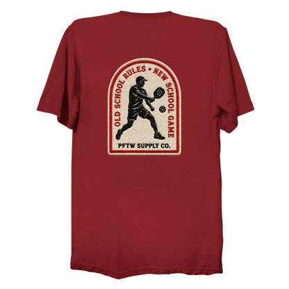 Old School Rules vintage badge t-shirt in red - pickleball gift