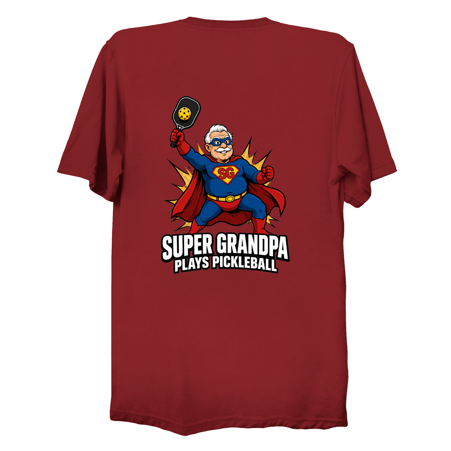 Super Grandpa Plays Pickleball t-shirt back design in True Red